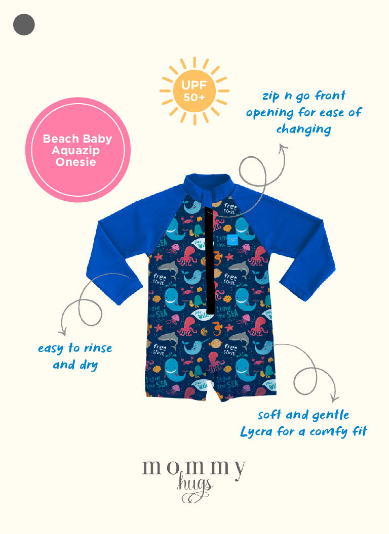 Beach Baby Aquazip Onesie in Deep Ocean Friends