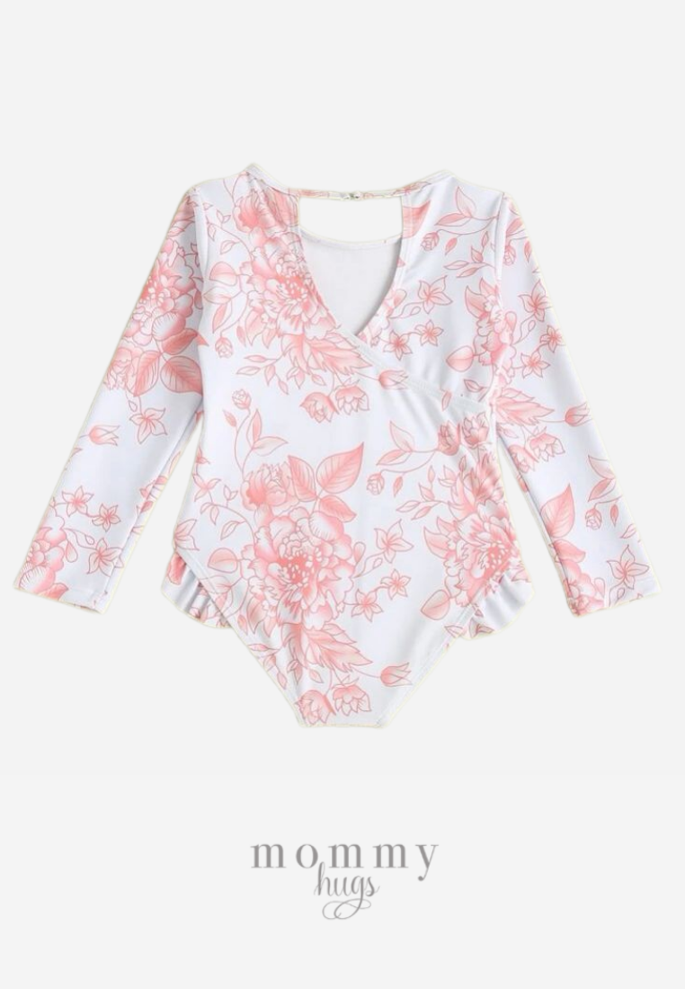 Pink Peony Long Sleeves Rash Guard Swimwear