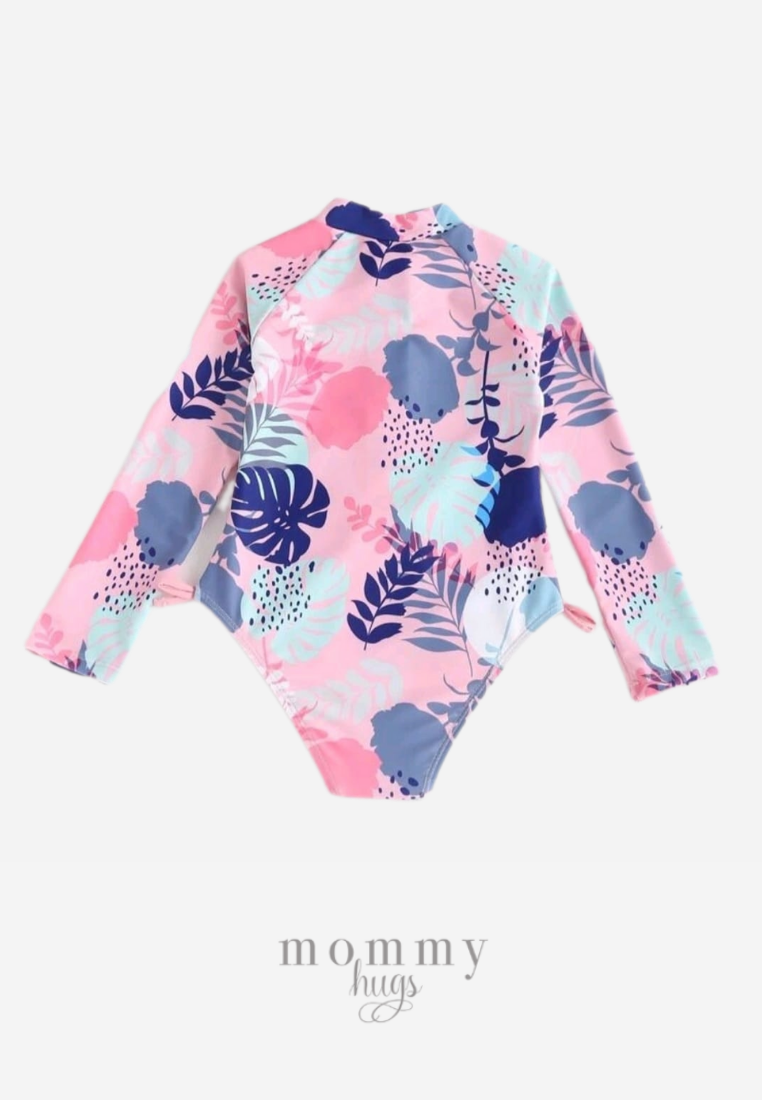 Pink Palm Zip Up Long Sleeve Rash Guard for Girls