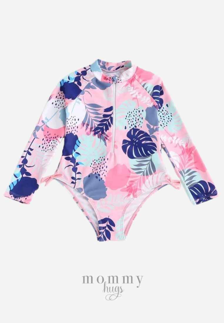Pink Palm Zip Up Long Sleeve Rash Guard for Girls