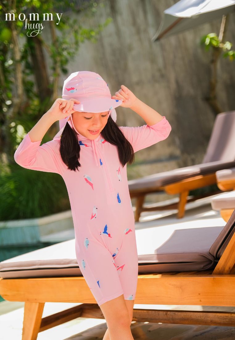 Birds of Paradise in Pink Rash Guard with Hat for Young Girls