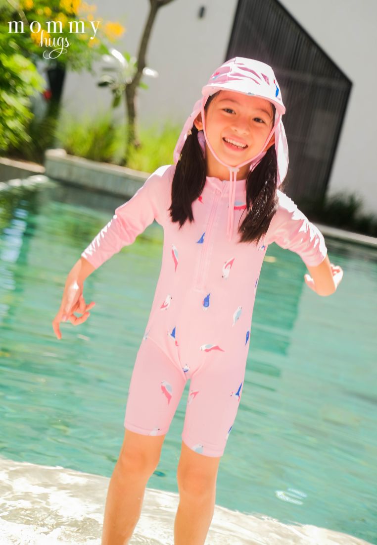 Birds of Paradise in Pink Rash Guard with Hat for Young Girls