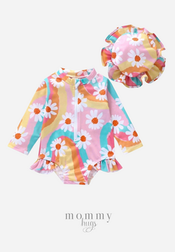 Colourful Summer Two with Hat Rash Guard with Hat for Girls