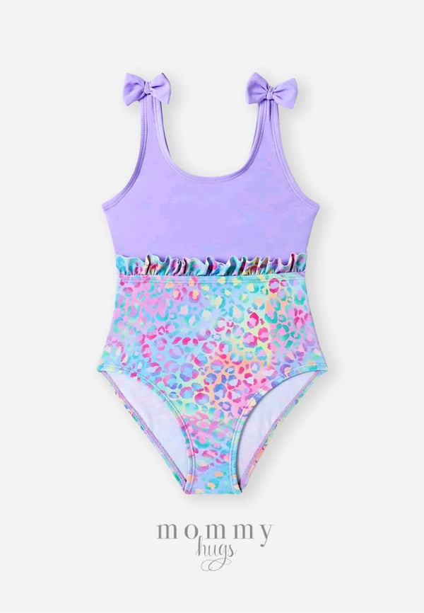 Lilac Ribbon Mosaic Swimsuit for Young Girls