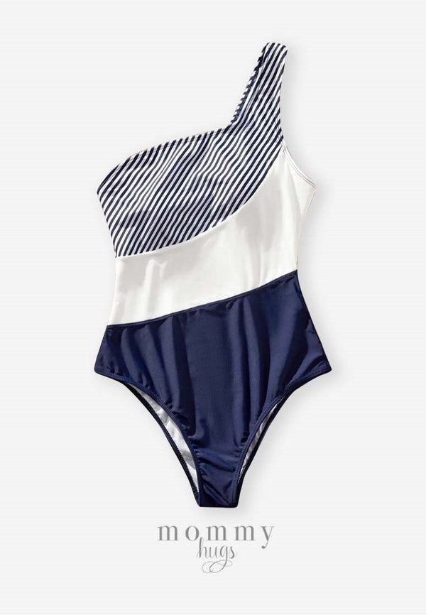 Sea Stripes One Piece Asymmetrical Swimsuit for Mommy