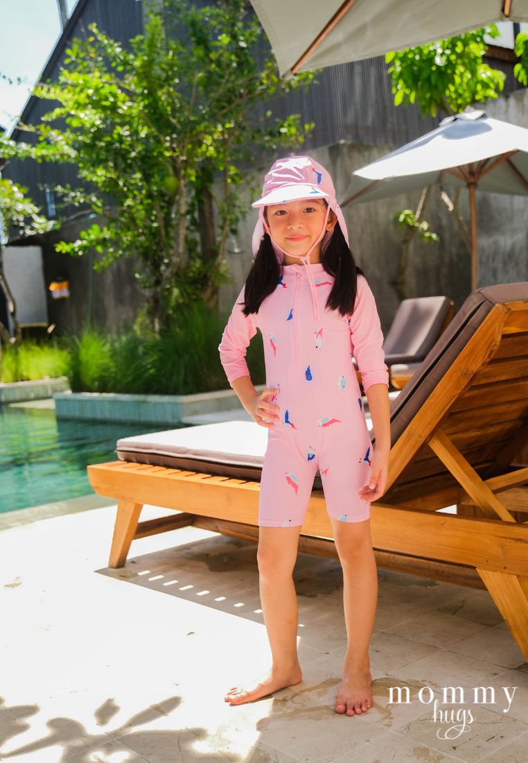 Birds of Paradise in Pink Rash Guard with Hat for Young Girls