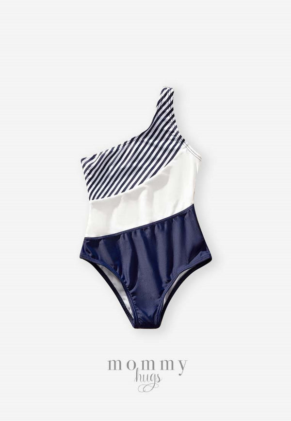 Sea Stripes One Piece Asymmetrical Swimsuit for Girl