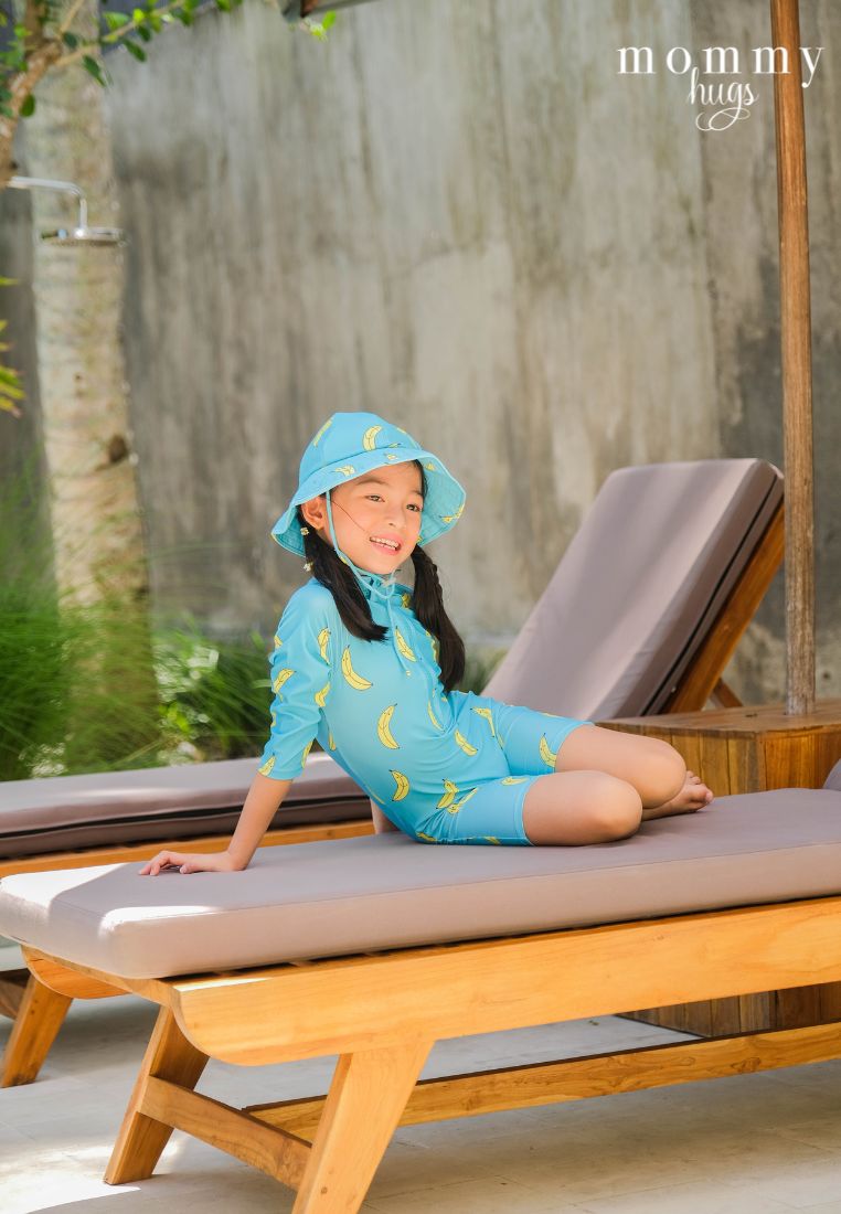 Goin' Bananas in Blue Rash Guard with Hat for Young Girls