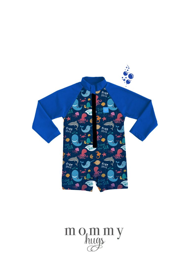 Beach Baby Aquazip Onesie in Deep Ocean Friends