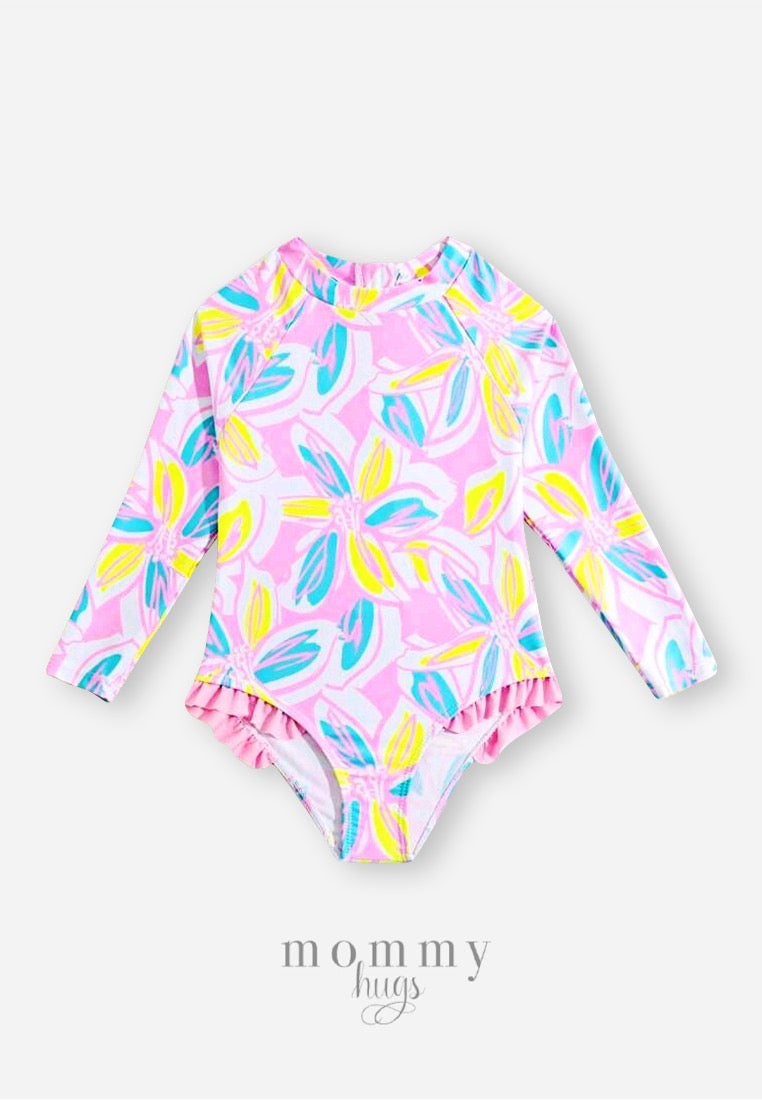 Ruffled Pink Orchid Rashguard for Young Girls