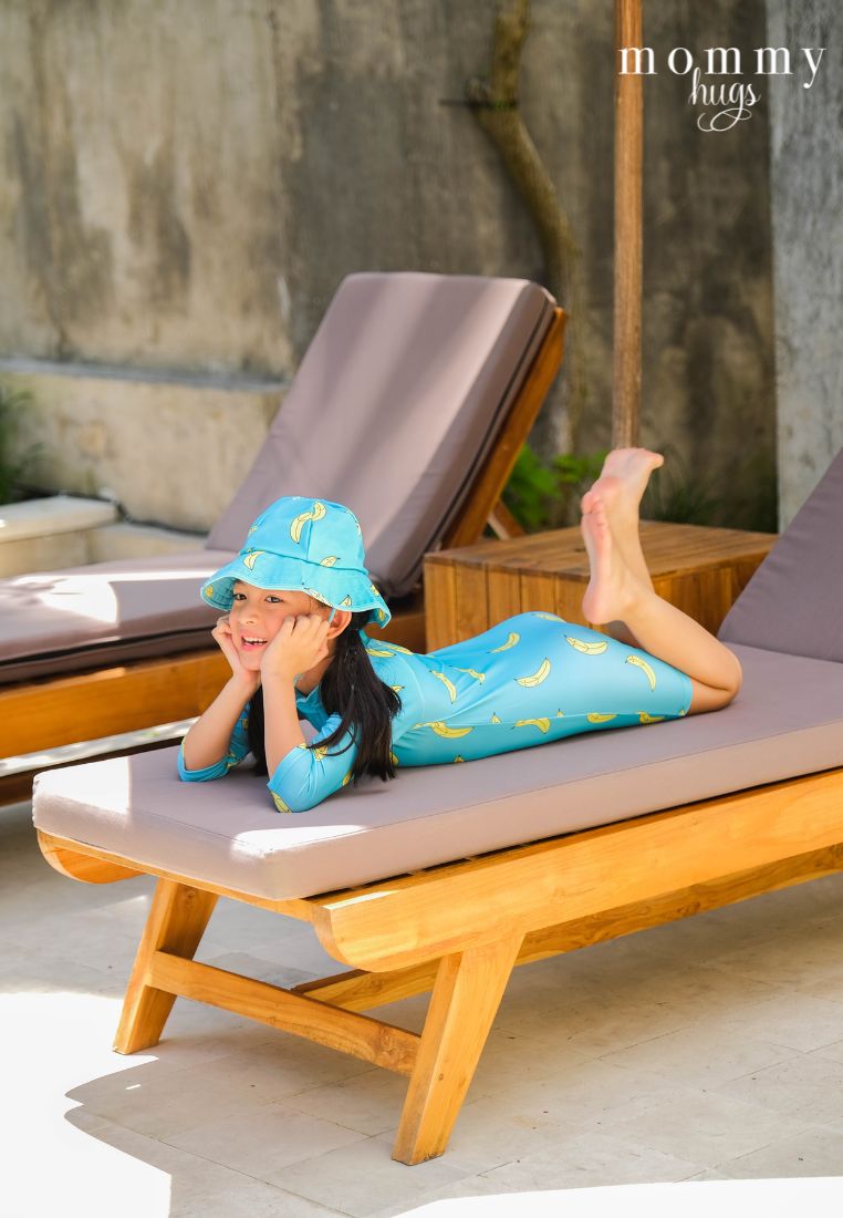 Goin' Bananas in Blue Rash Guard with Hat for Young Girls