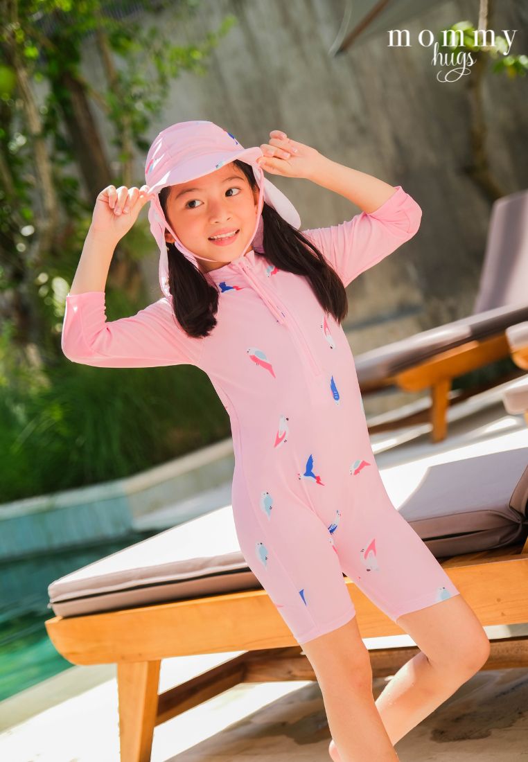 Birds of Paradise in Pink Rash Guard with Hat for Young Girls