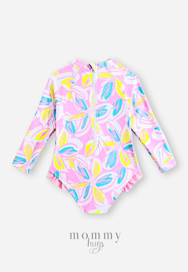 Ruffled Pink Orchid Rashguard for Young Girls