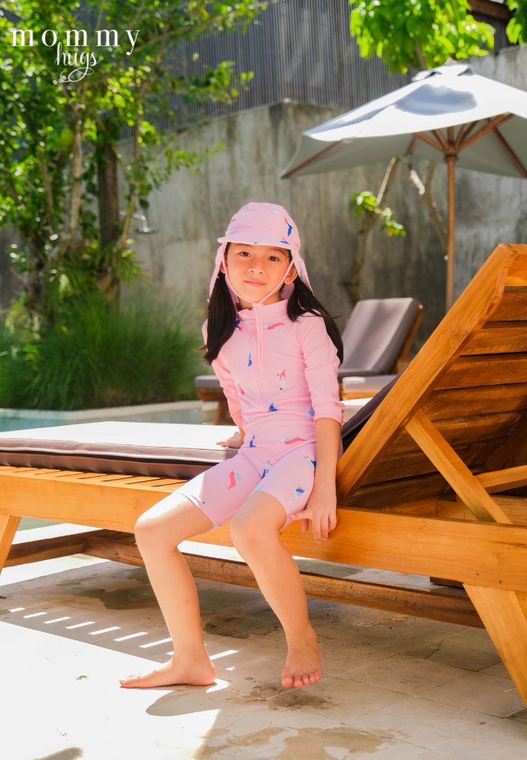Birds of Paradise in Pink Rash Guard with Hat for Young Girls