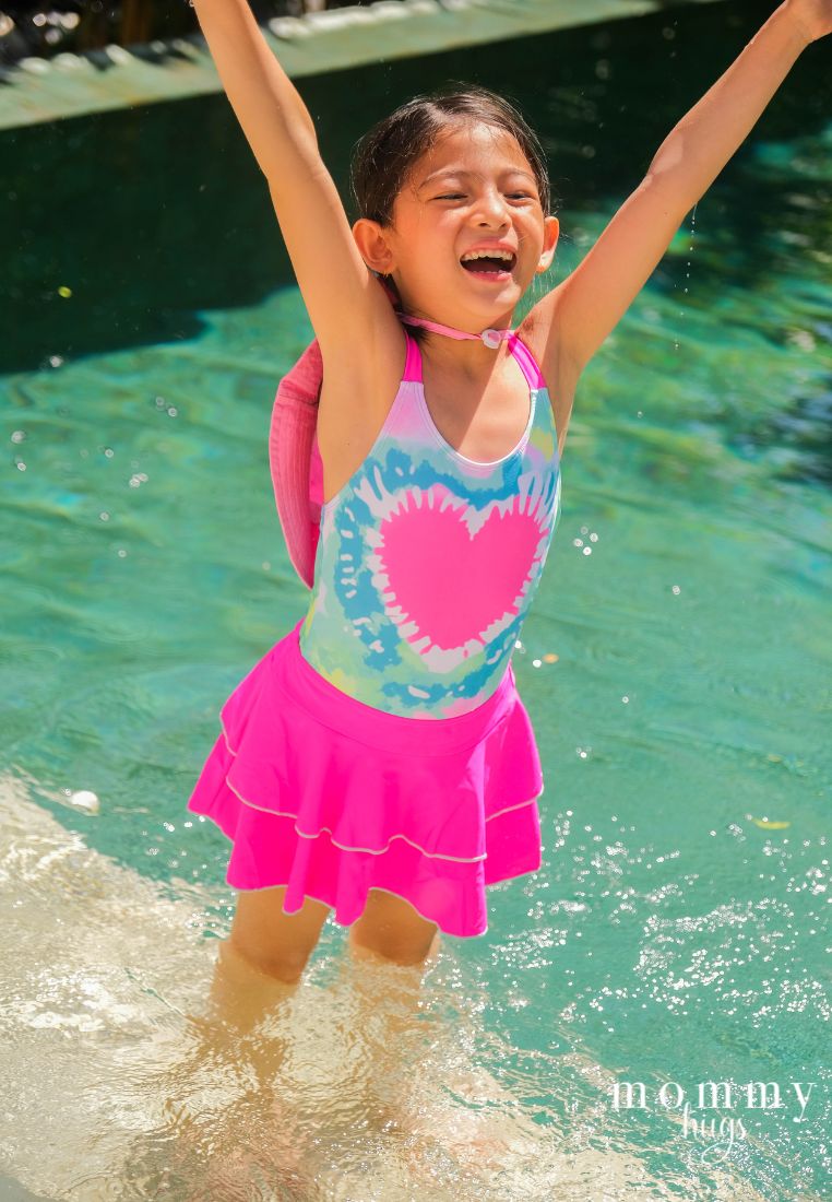 Retro Love One Piece with Skirt Swimwear for Girls