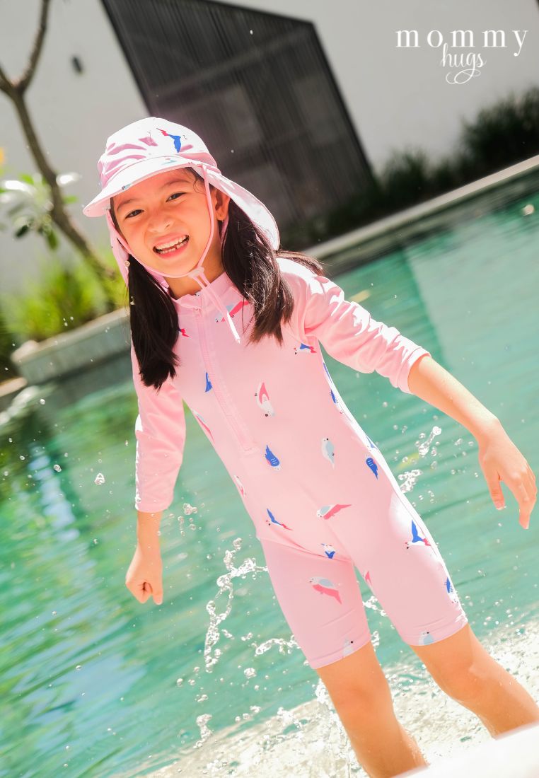 Birds of Paradise in Pink Rash Guard with Hat for Young Girls