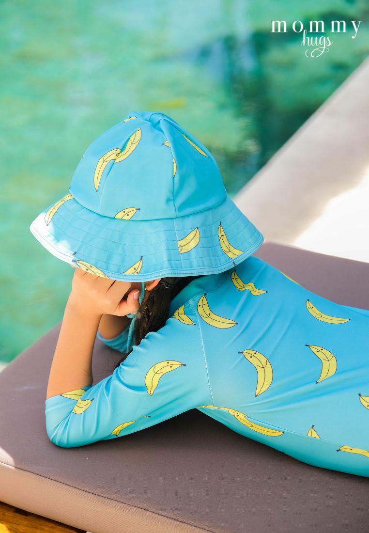 Goin' Bananas in Blue Rash Guard with Hat for Young Girls