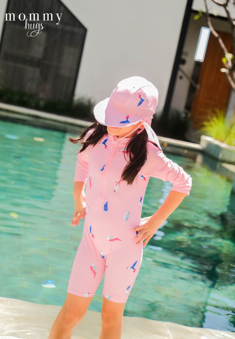 Birds of Paradise in Pink Rash Guard with Hat for Young Girls