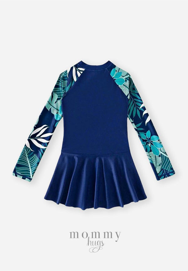 Blue Tropical Rashguard Skirt for Preteens/Teen Girls