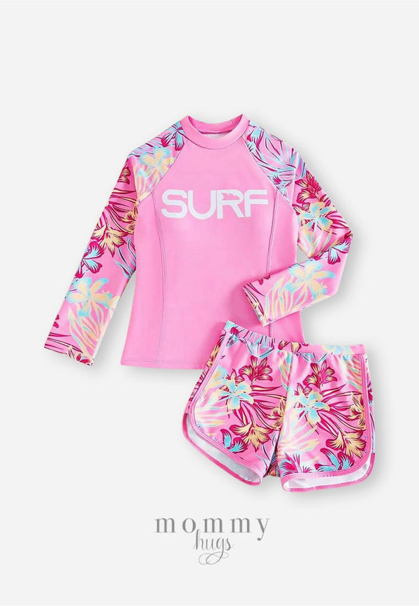 Pink Surf Swimming Rash Guard for Teen Girls