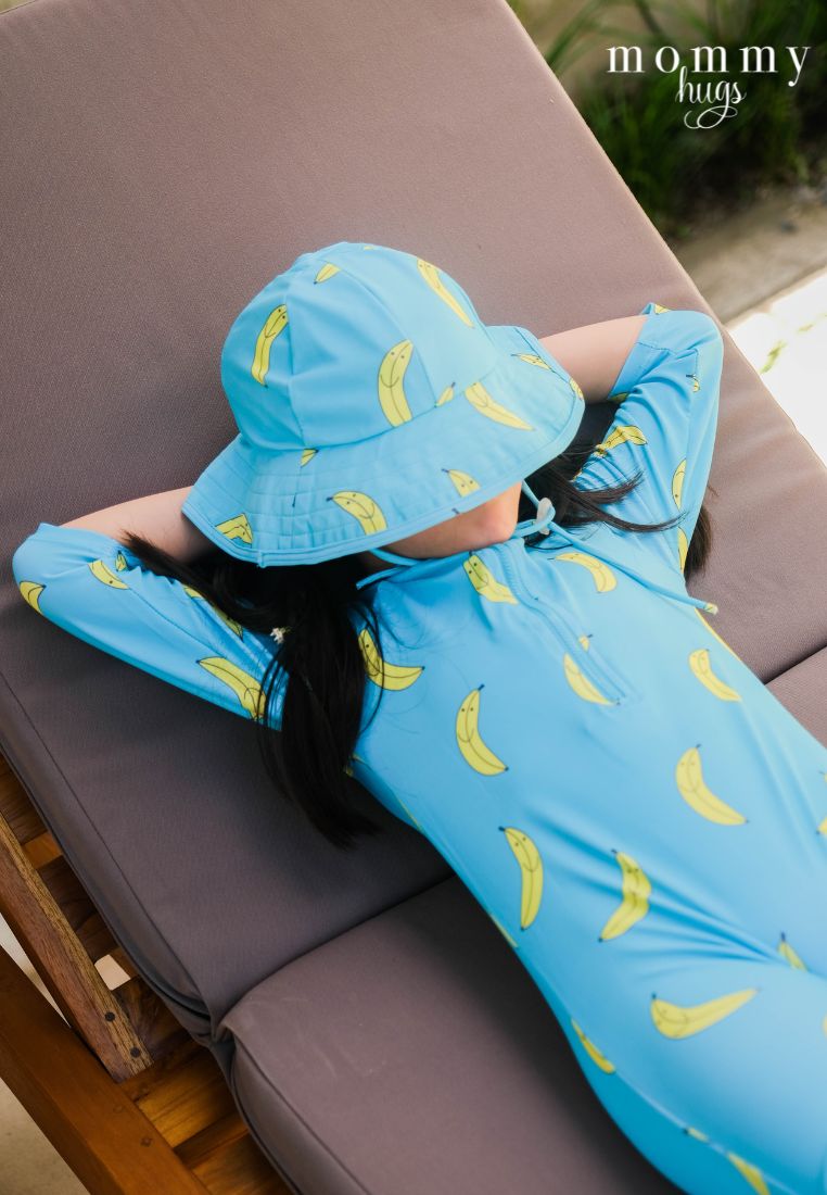 Goin' Bananas in Blue Rash Guard with Hat for Young Girls