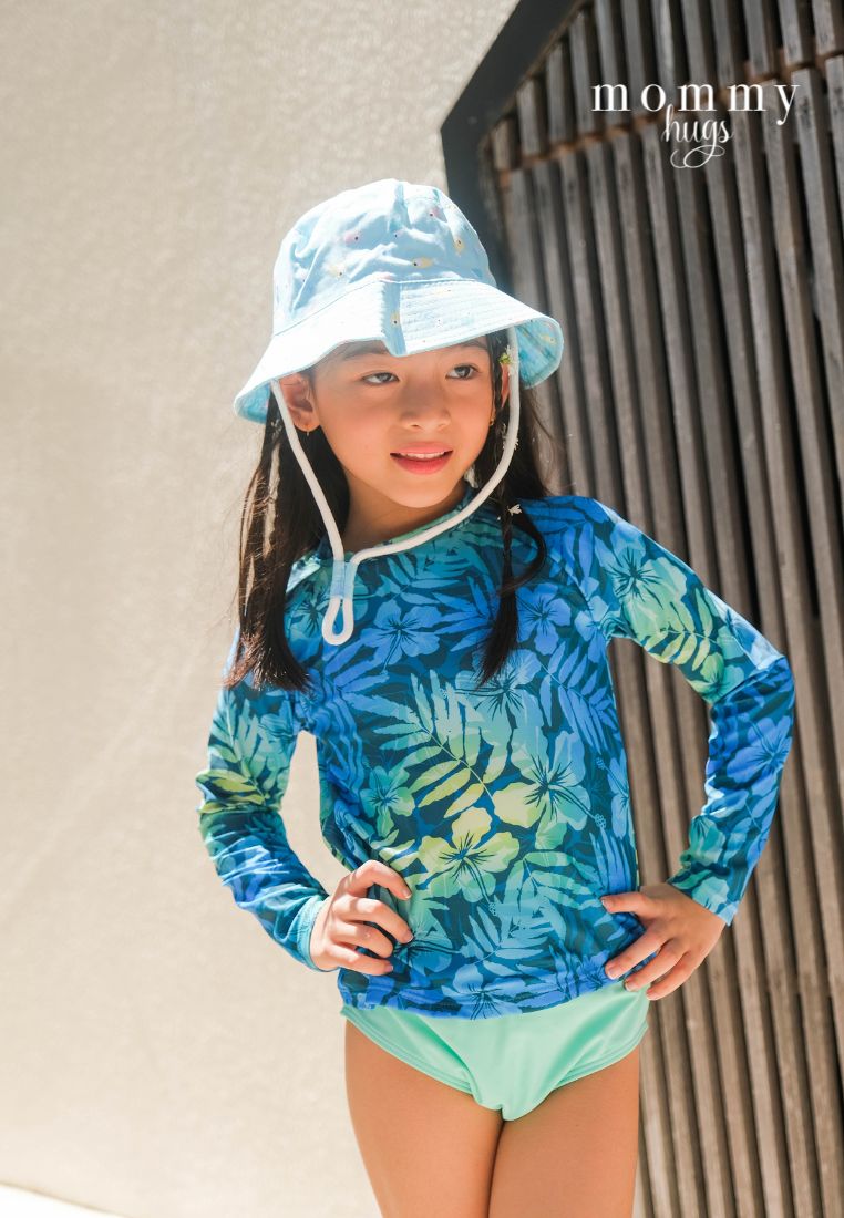 Blue Hibiscus Rash Guard for Young Girls