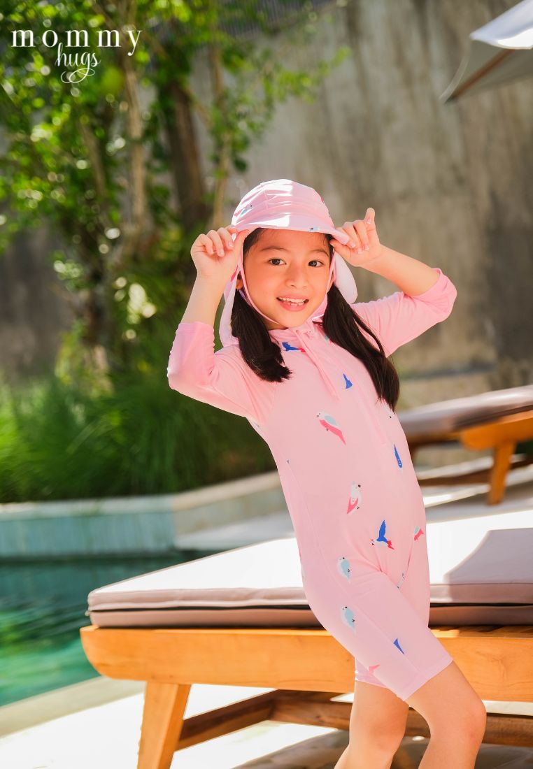 Birds of Paradise in Pink Rash Guard with Hat for Young Girls