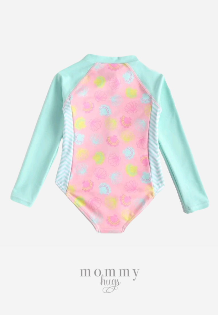 Pastel Shells Zip Up Long Sleeves Rashguard for Girls