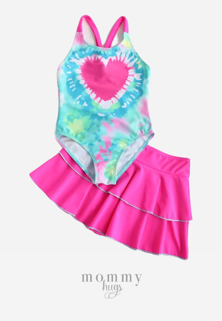 Retro Love One Piece with Skirt Swimwear for Girls