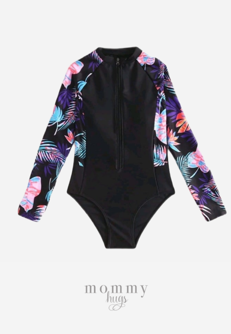 Midnight Blooms Zip-up Long Sleeve Rash Guard