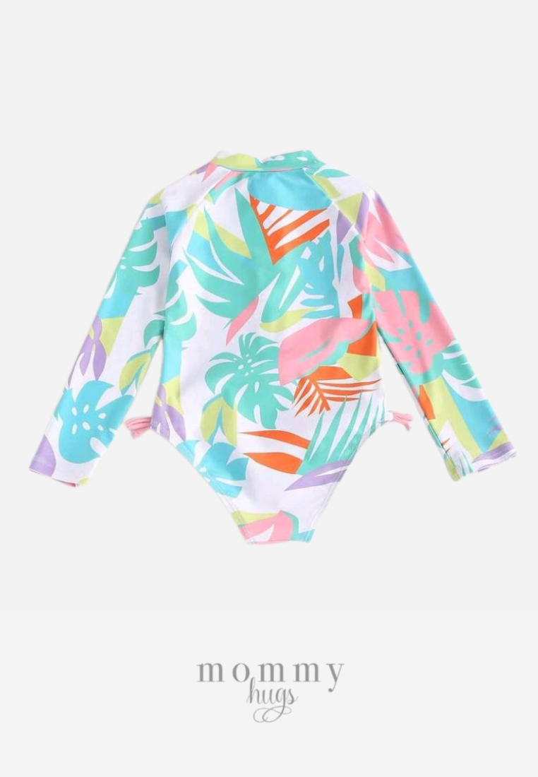 Pastel Hawaiian Palms Zipper Rash Guard Swimwear for Girls
