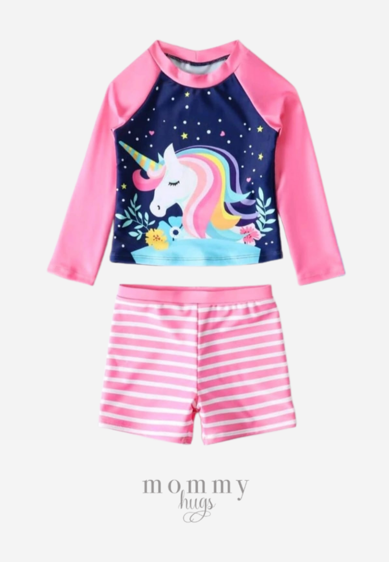Unicorn Pink Long Sleeve Rash Guard Two Piece