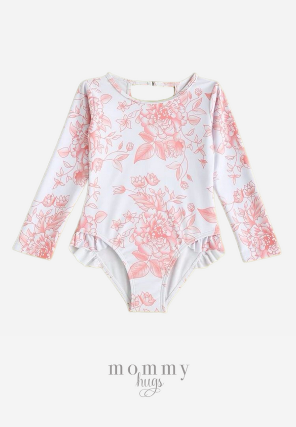 Pink Peony Long Sleeves Rash Guard Swimwear