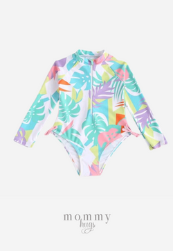 Pastel Hawaiian Palms Zipper Rash Guard Swimwear for Girls