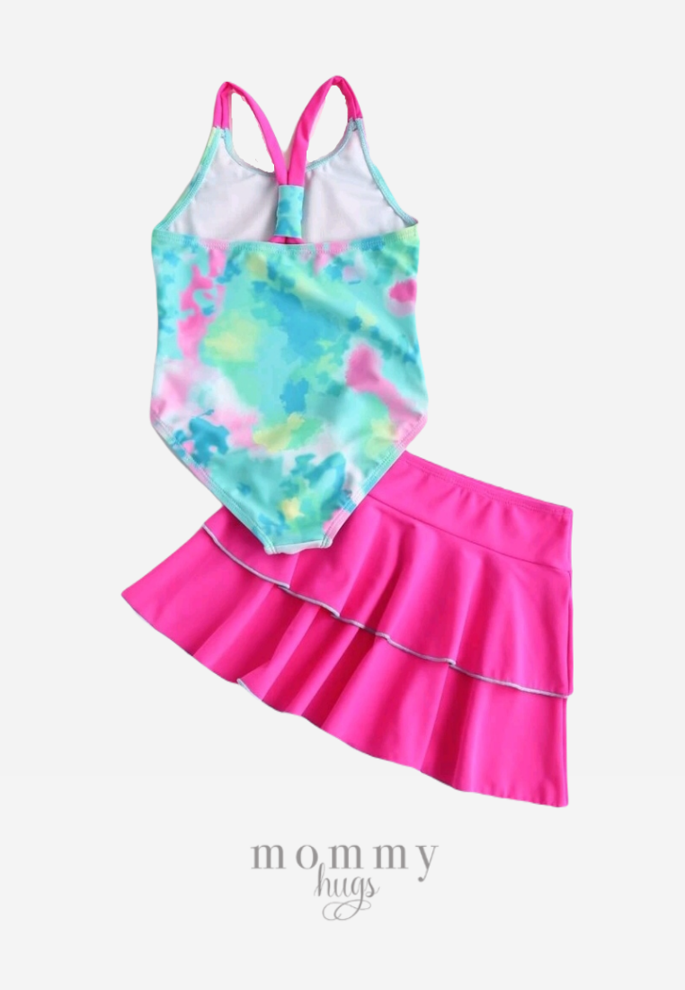 Retro Love One Piece with Skirt Swimwear for Girls