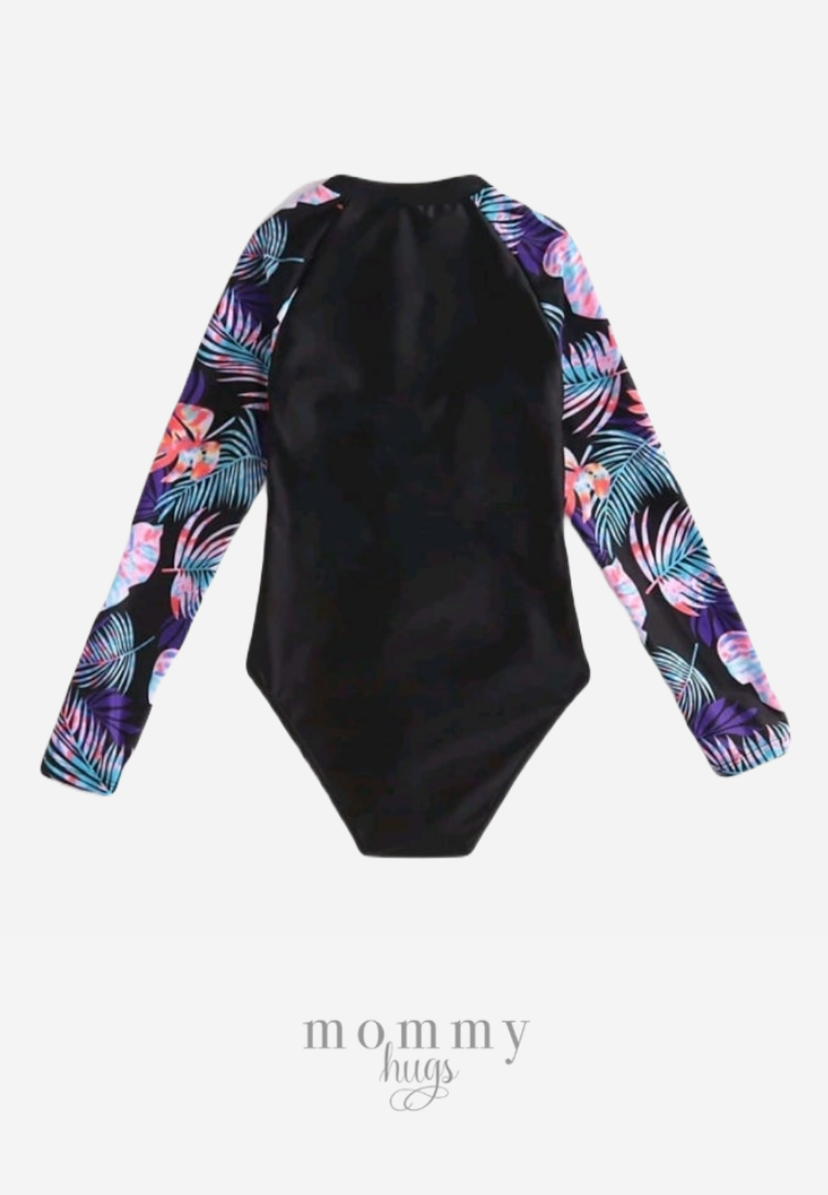 Midnight Blooms Zip-up Long Sleeve Rash Guard