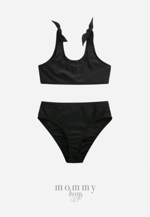 Black Shoulder Ribbon Knot Two-piece Swimsuit