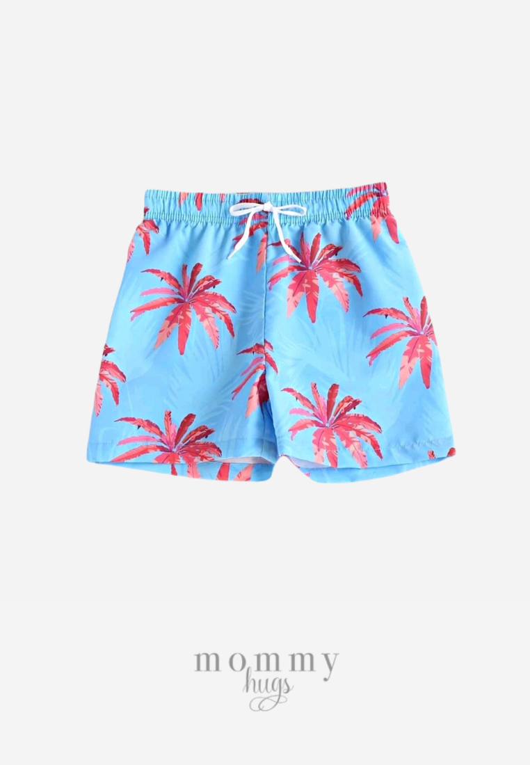 Baby Blue Palm Print Swim Shorts for Boys