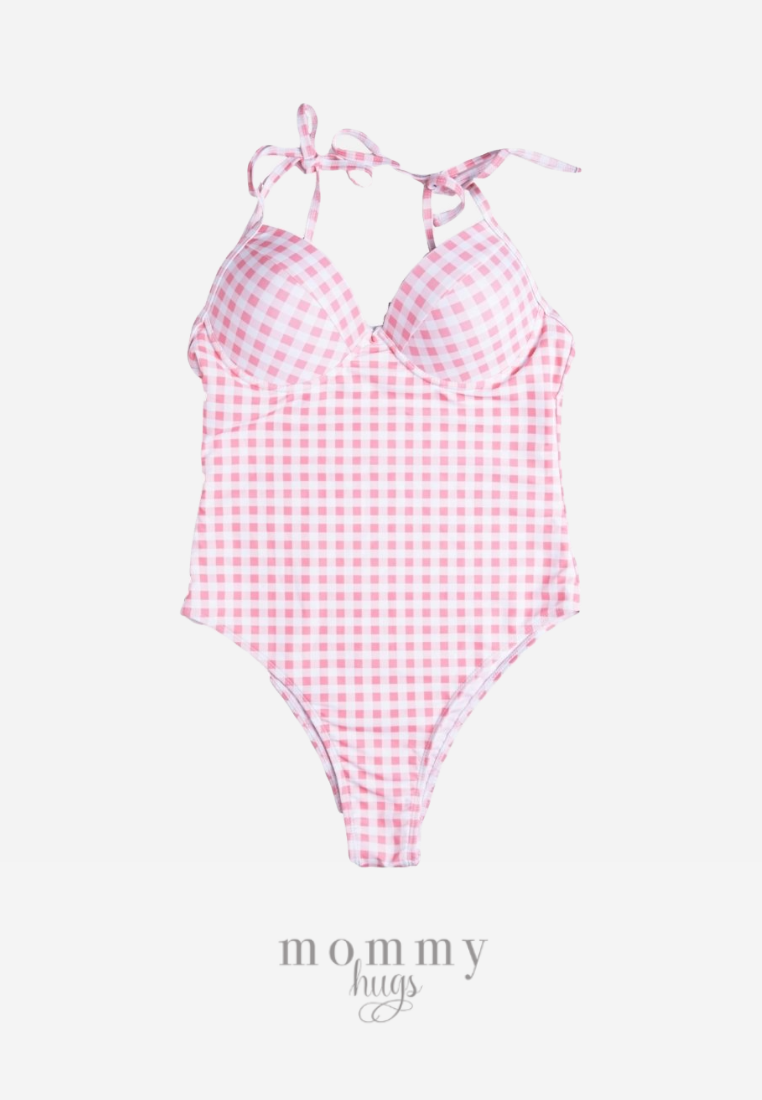 Pink Gingham Blossoms Twinning  Swimwear Version 1