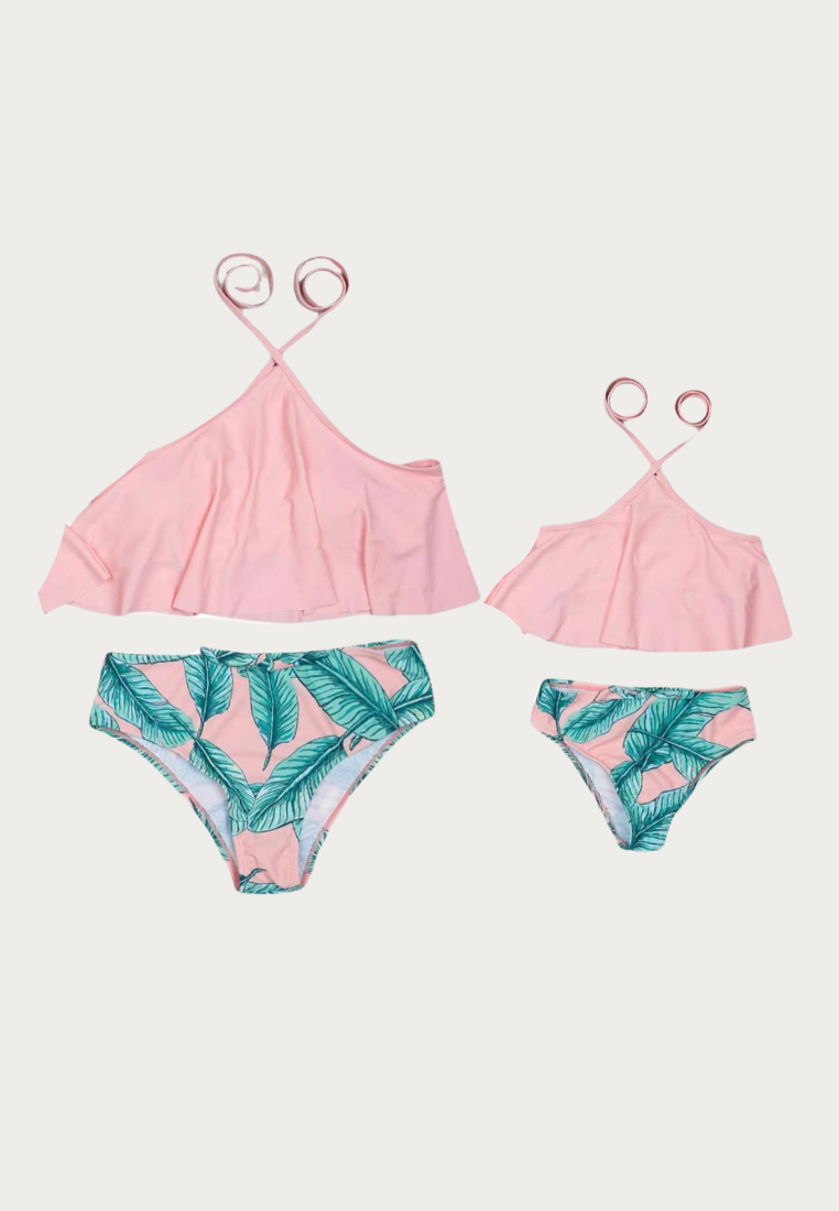 Halter Pink Palm Twinning Swimwear