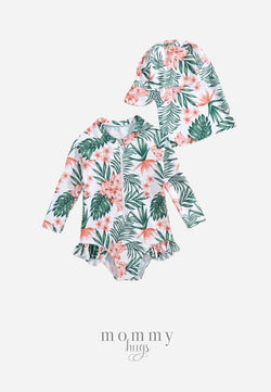 Green Palm Rash Guard with Sun Hat for Baby Girls