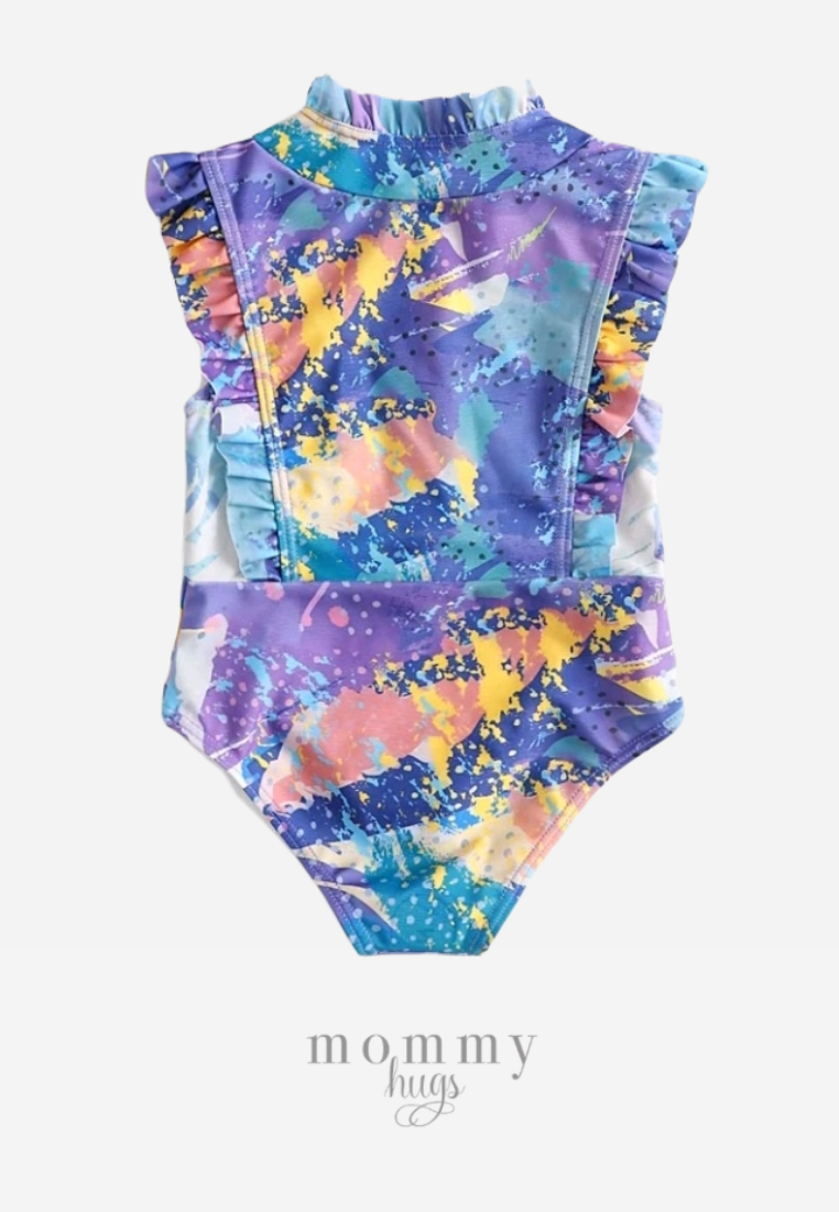 Purple Florid Ruffles Swimwear For Girls