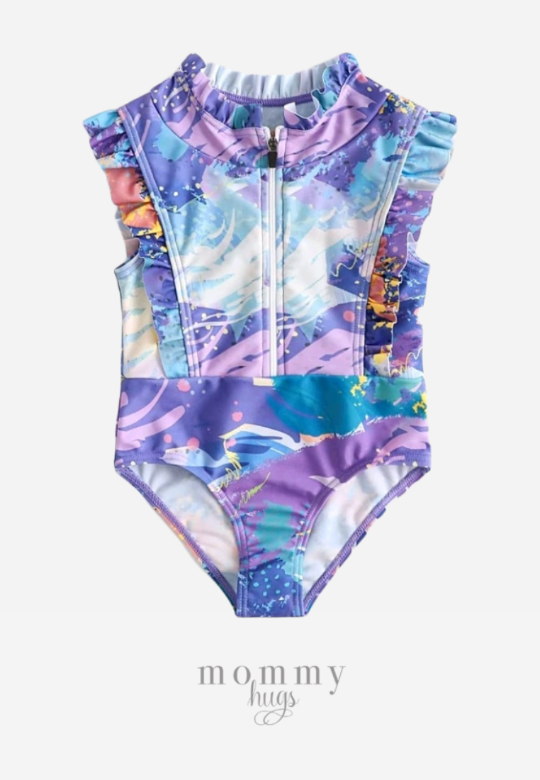 Purple Florid Ruffles Swimwear For Girls