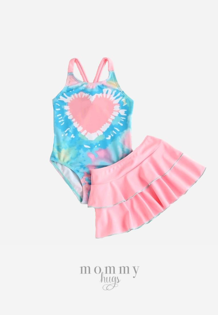 Retro Love One Piece with Skirt in Pink Swimwear for Girls