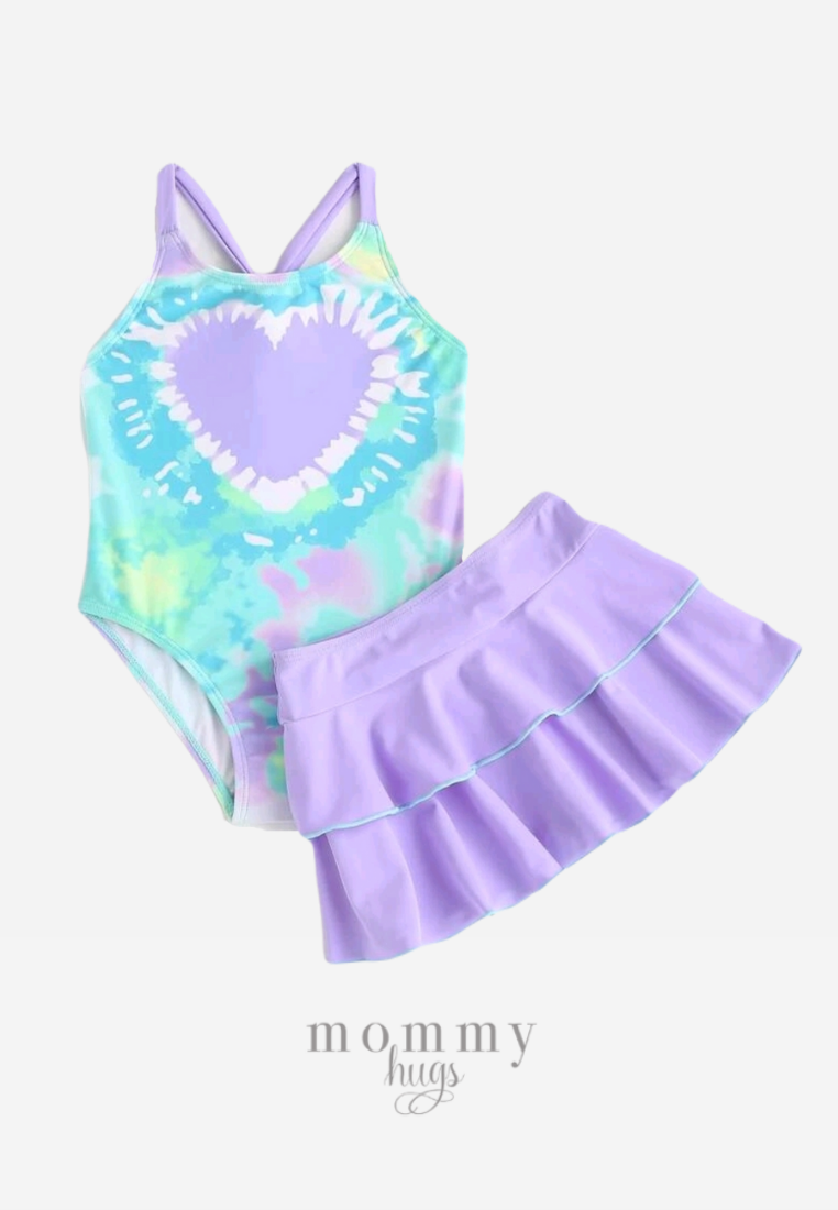 Retro Love One Piece with Skirt in Lilac Swimwear for Girls