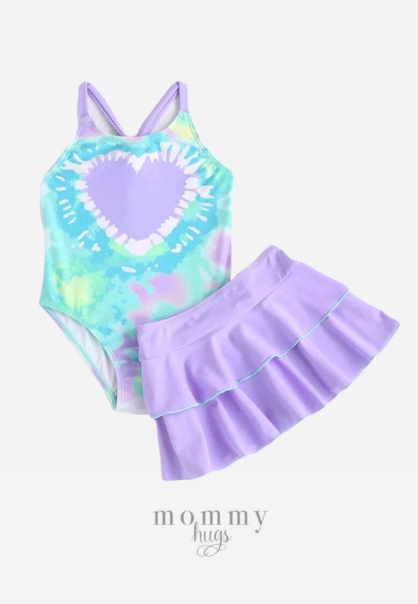 Retro Love One Piece with Skirt in Lilac Swimwear for Girls