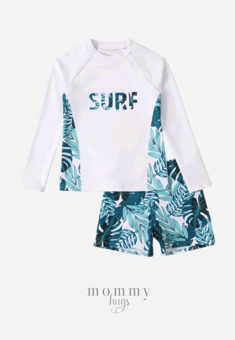 White Surf Swimming Long Sleeves Rash Guard for Teen Boys