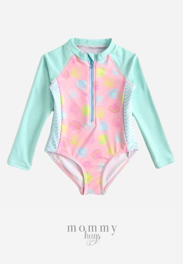 Pastel Shells Zip Up Long Sleeves Rashguard for Girls