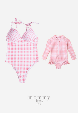 Pink Gingham Blossoms Twinning  Swimwear Version 1