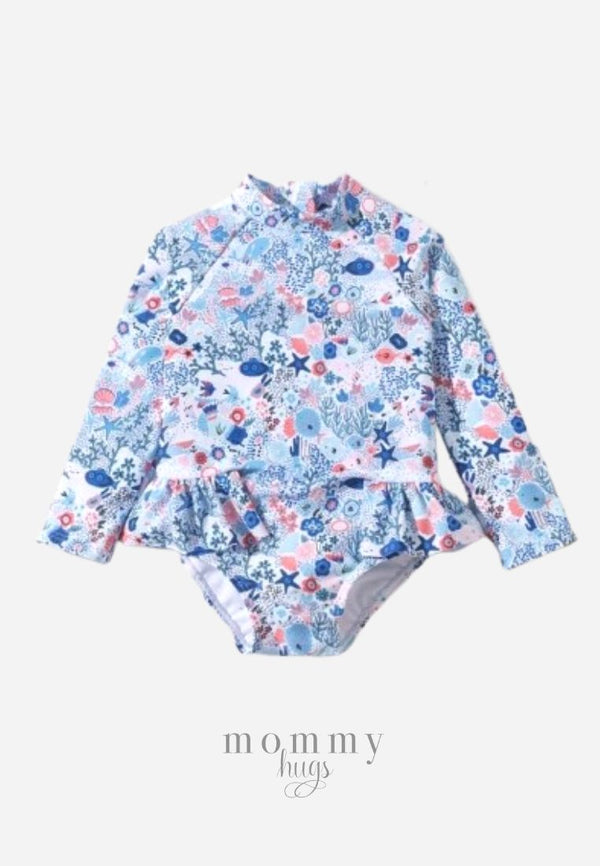 Ocean Blue Blossoms Rash Guard for Young Girls
